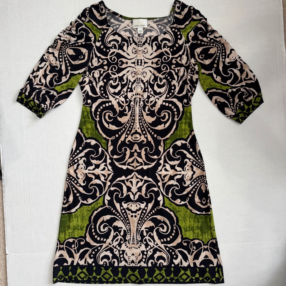 Donna Morgan Green, Black and Cream Dress, Quarter Sleeves, Party, Summer Sz 2